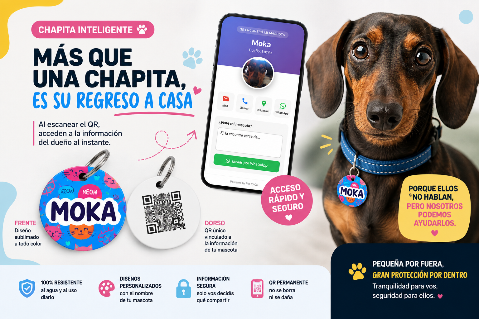 Chapita inteligente con QR para mascotas, diseño sublimado y acceso a datos del dueño - Wegraf Argentina